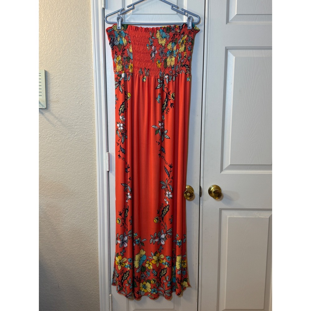 Hailey & Co Strapless Orange Floral Maxi Long Dress Womens Size M, Elastic Top‎